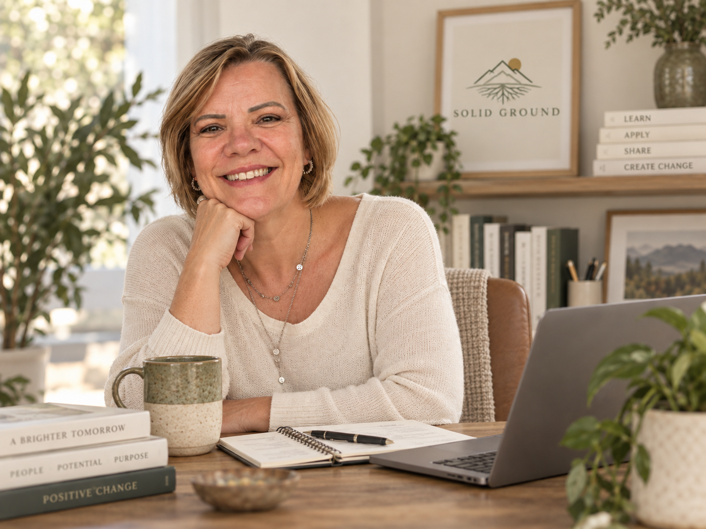 Amanda Erguvenc, founder of Solid Ground, smiling at her desk