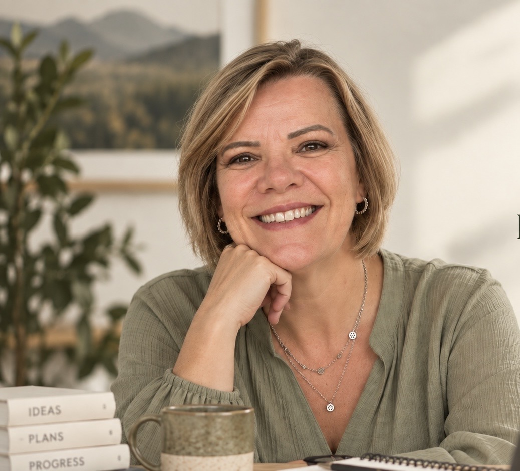 Amanda Erguvenc, founder of Solid Ground, smiling at her desk